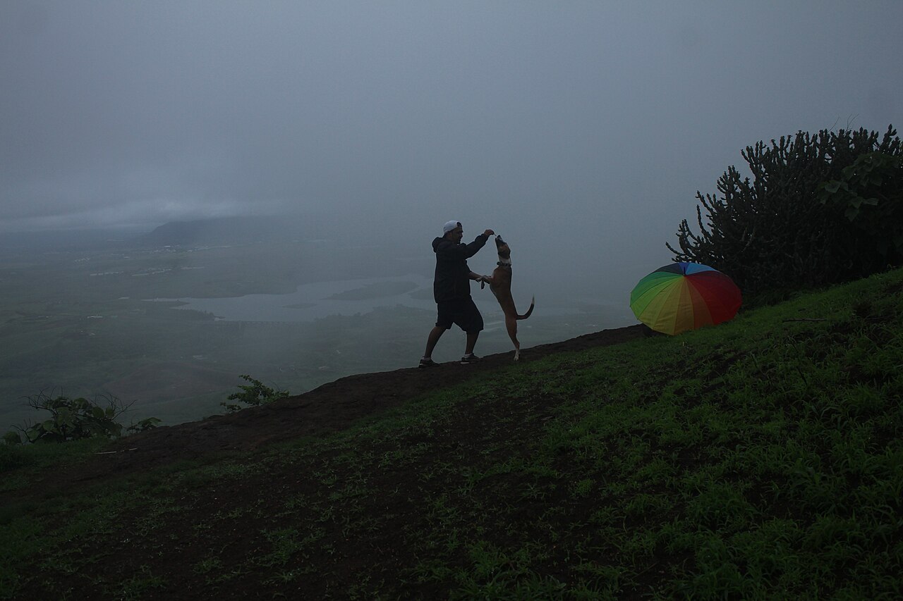 Trekker on a green monsoon hill trail in the Sahyadris