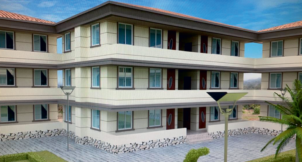 Architectural render of the VS3 campus — three-storey blocks with balconies and palm trees
