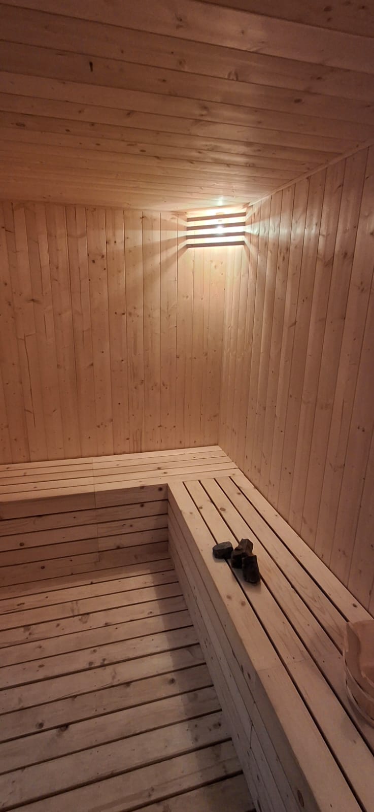 Wood-panelled sauna with tiered benches